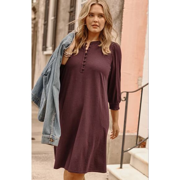 J.Jill $99 Large Spiced Wine Burgundy Cottagecore Fall Smocked Henley Dress - Picture 1 of 8